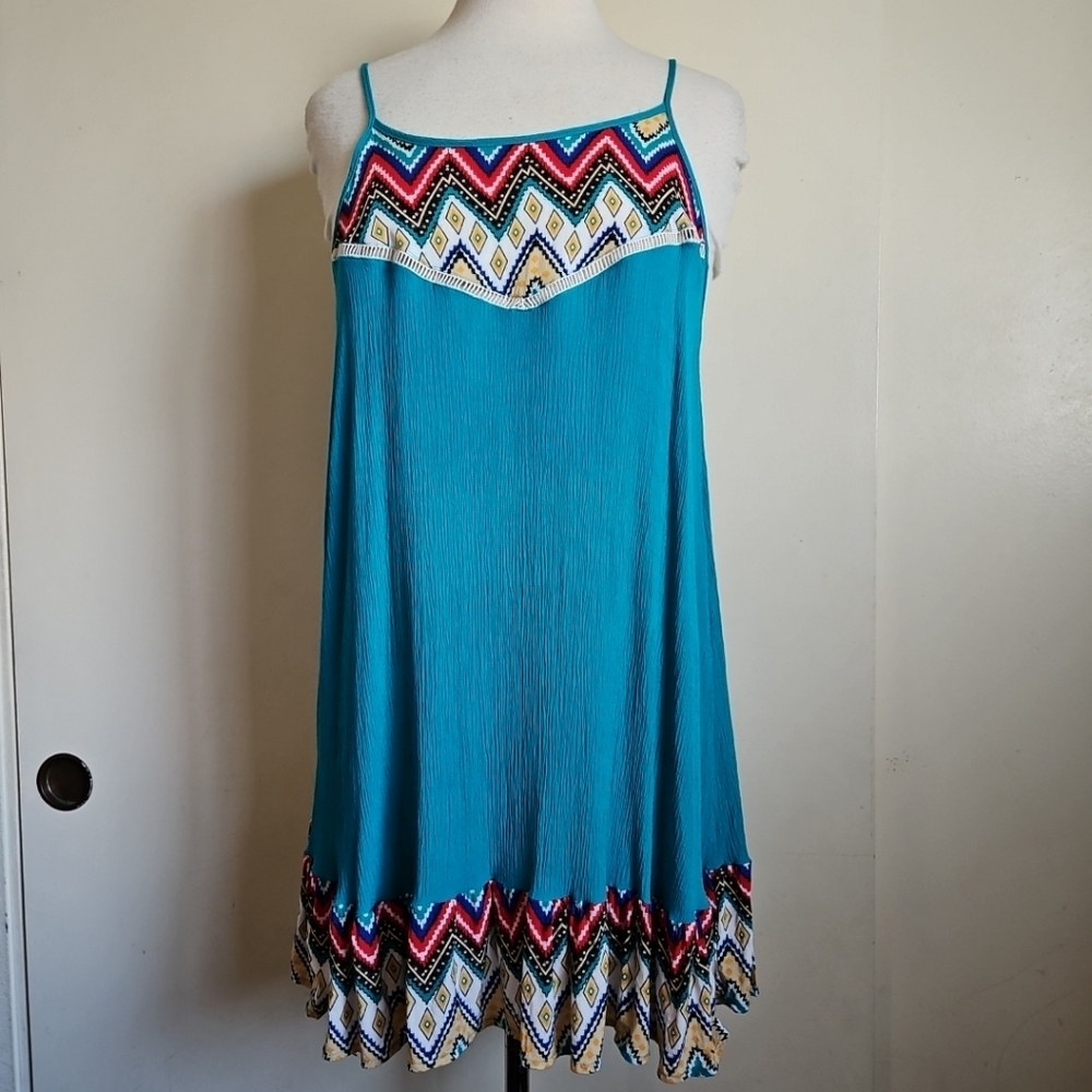 UMGEE Blue Green Teal Boho Hippie Strappy Mini  Dress Medium